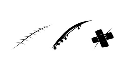 cut, wound, stitch on a wound, black isolated silhouette