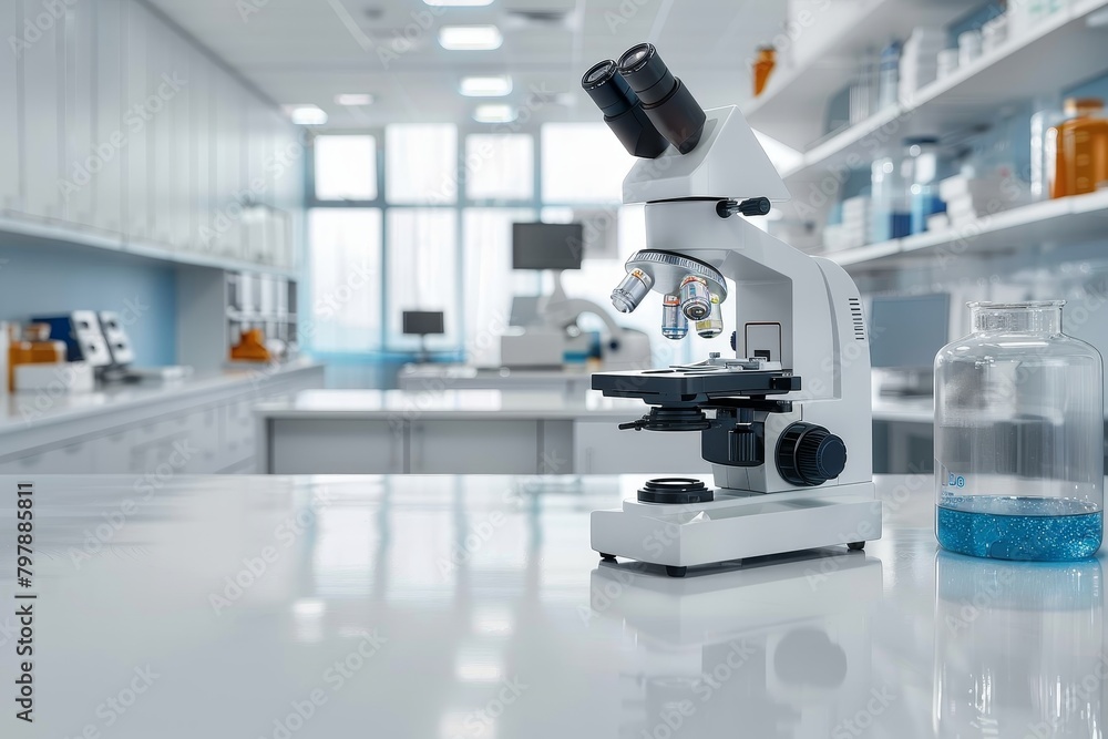 Poster an advanced microscope prominently displayed in a scientific lab, symbolizing the cutting-edge techn