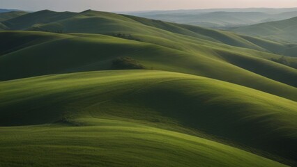 Lush Green Rolling Hills Under Soft Morning Light in Scenic Landscape