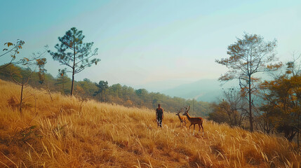 Dancing in the middle of Phu Kradueng, Loei Province, Thailand. There are deer and wild animals during the winter.
