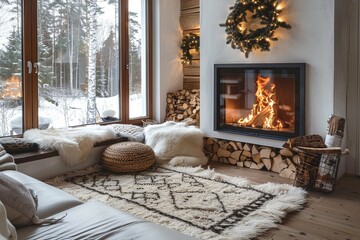 A warm and inviting room with a lit fireplace, fluffy blankets, and a beautiful snowy forest visible through the window