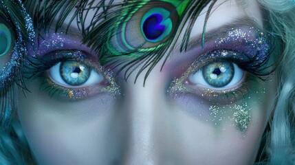 Close up of eyes with peacock feathers painted on them, green hair, purple glitter around the eye area, symmetrical, high resolution