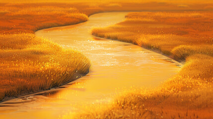 An abstract fluid art creation depicting the gentle flow of a river through a golden meadow. Peaceful and radiant.