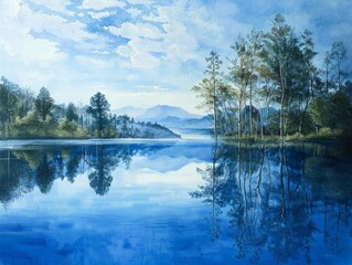 Fototapeta premium Calm waters in shades of blue mirror the serenity of a peaceful lakeside scene 