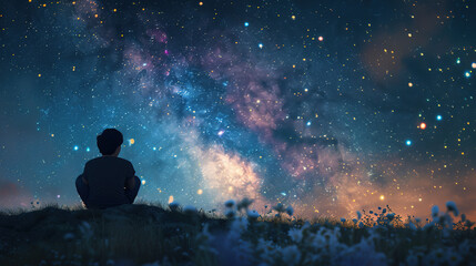 Fototapeta na wymiar Sitting and looking at the sky full of stars There are no clouds covering it. See the Milky Way. 