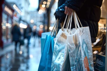 Cropped view of hands holding diverse shopping bags with visible brand tags and blur