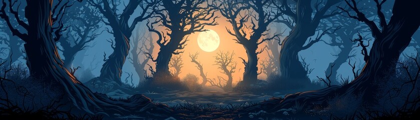A dark forest with a full moon in the background. - obrazy, fototapety, plakaty