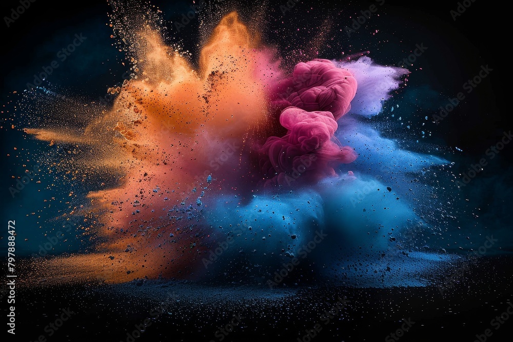 Poster a mesmerizing display of colorful smoke intertwined with scattered particles against a stark black b