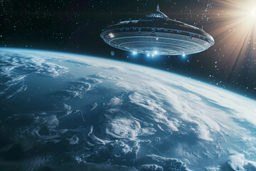 UFO hovering above Earth with a backdrop of space, depicting a close encounter scenario