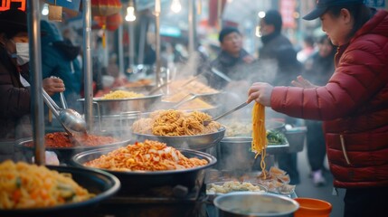 A street food market bustling with vendors selling various types of spicy noodles, enticing passersby with their aromatic offerings.