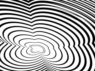 Abstract hypnotic wave pattern with black-and-white striped lines. Psychedelic background. Op art, optical illusion. Modern design, graphic texture.