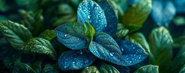 Vibrant blue flower with dew drops surrounded by lush green leaves
