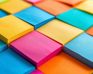 Assorted sticky notes, close-up, white background, clean light, focus on vibrant hues, digital photography