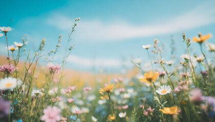 Summer meadow with different blooming wild herbs and flowers and blue sky. Pastel colors. Background with empty space for text. Generative AI