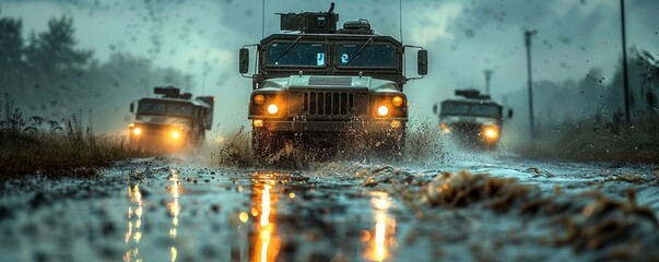 Rugged military convoy advancing through a rainy terrain at dusk