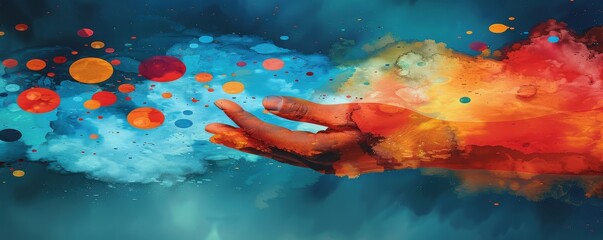 Abstract digital art of a hand reaching out amidst colorful splashes