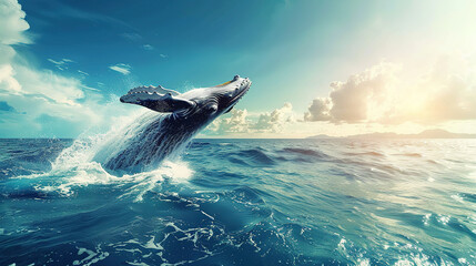 Whales swimming in the Andaman Sea jump up into the water Makes the water waves scattered. 