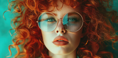 A girl with red curly hair and big round glasses, bright makeup, pink lipstick, stands in the sun, closeup of her face, orange light reflects on glass lens