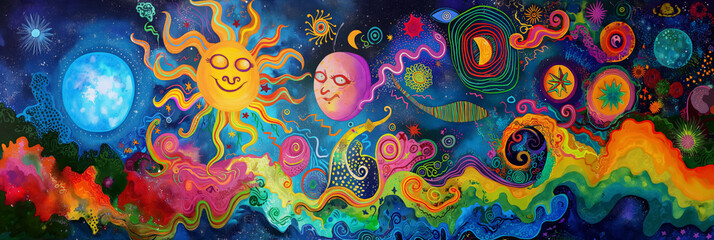 Psychedelic mural displaying an array of suns and moons with faces, set against a starry night sky, bursting with colors.