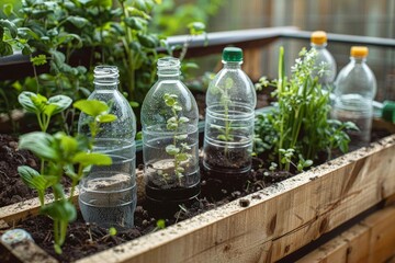 A creative garden setup using upcycled plastic bottles as DIY greenhouses for young plants
