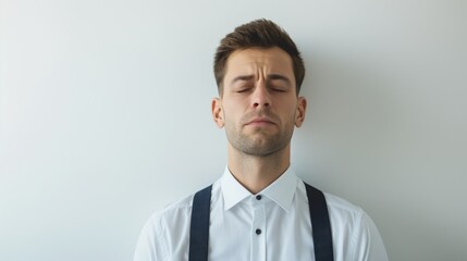 Portrait of a businessman standing against a white wall with his eyes closed, deep in thought.