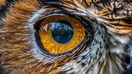 Extreme close up of an owl's eye, a reflection in the iris is yellow and blue, a golden feather falls on it