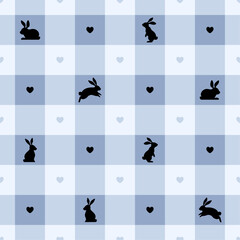 Seamless pattern with rabbit. Heart gingham check plaid pattern. Cute bunny background. Vector texture for print, textile, fabric.