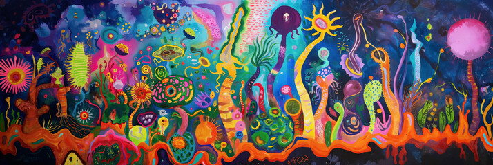 Vibrant ocean life with a multitude of abstract and colorful sea creatures.
