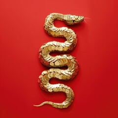 A snake is artistically arranged on a red background