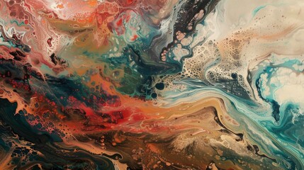 oil paint, abstract fluid art of a beautiful landscape, flowing colors in reds and blues, with a clear sky, swirling patterns, and an ocean or river below