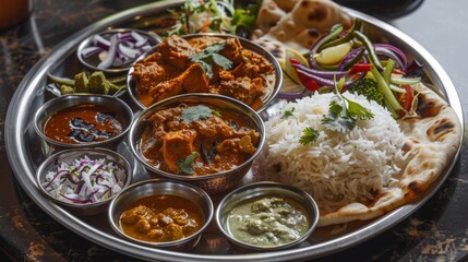A traditional Indian thali featuring chicken tikka masala as the centerpiece, surrounded by an assortment of flavorful side dishes and condiments.