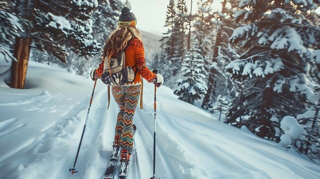 A crosscountry skiing trip through frosty forests, with boho patterned ski wear and accessories