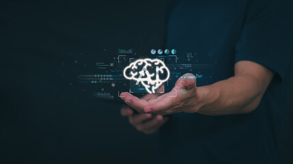 The person showing AI technology that connects information to various systems, concepts,...