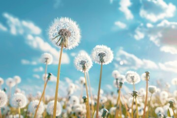 a Dendelion flowers white beautiful spring landscape, meadow with Dendelion flowers against the blue sky, spring and summer flower panorama 