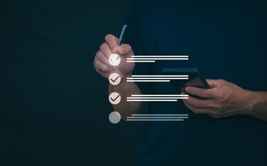 Businessmen mark check blocks to verify the correctness and approve or accept the agreement. in...