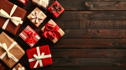 Obraz premium The background is a dark wood, with many gifts on the right side. The color scheme includes red and brown gift boxes, wrapped with white ribbons, seen from a top-down perspective.