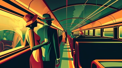 a versatile illustration of a fantastic trip with intercity Gratfity style, bold colours - obrazy, fototapety, plakaty