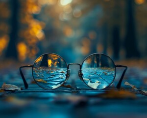 A pair of glasses that reveal the hidden magical essence of the surrounding world, no contrast, clean sharp,clean sharp focus,blurred background