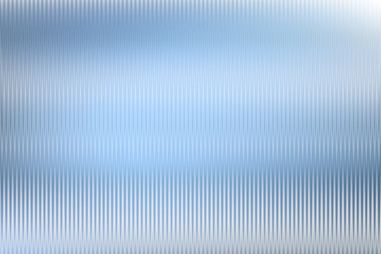 Reeded glass with blurred sky blue background. Refraction texture acrylic ribbed bath separation wall. Frozen ice premium packaging foil overlay. Wavy vertical line stripes pastel polycarbonate panel.