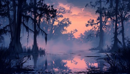 A misty swamp at dusk with a full moon rising over the trees. - obrazy, fototapety, plakaty