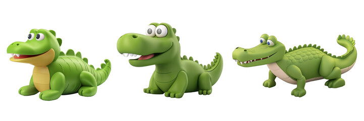 PNG alligator 3d icons and objects collection, in cartoon style minimal on transparent, white background, isolate