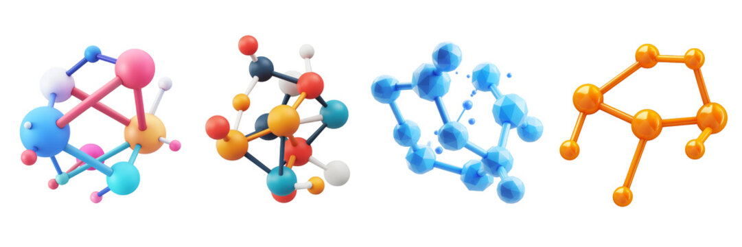 PNG molecule 3d icons and objects collection, in cartoon style minimal on transparent, white background, isolate