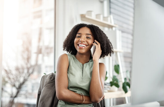 Black woman, business and phone call or portrait in office as graphic designer for creative communication, brief or laugh. Female person, smile and computer at startup agency, discussion or network