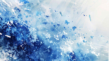An abstract winter scene with splashes of cool blues and whites spreading across the canvas,...