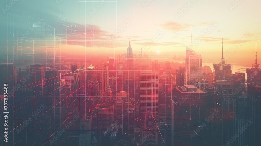 Aufkleber abstract grid scape: a photo of a city skyline with a grid pattern overlay