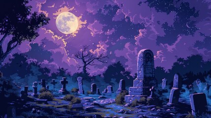 A pixel art cemetery at night with a full moon.