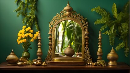 A traditional brass light (Nilavilakku) and a mirror, positioned against a lush green backdrop, are Vishu festival elements that represent the depth and complexity of Kerala's cultural heritage.