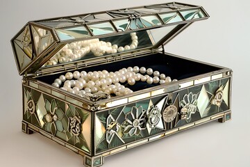 Art Deco jewelry box, a testament to exquisite craftsmanship, overflowing with pearls and sparkling costume jewelry.