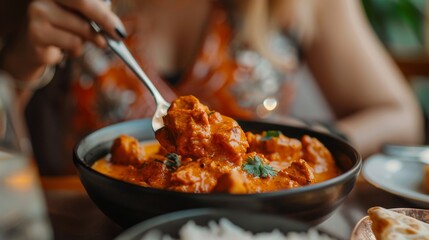 A woman savoring a spoonful of creamy chicken tikka masala, her taste buds delighted by the harmonious blend of spices and flavors
