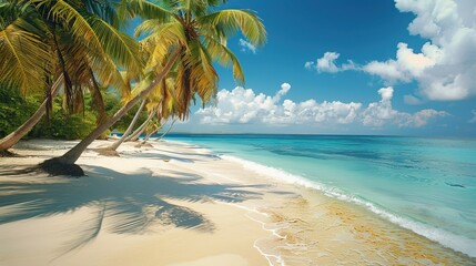 A heavenly luxury place. White sand with palm trees and emerald sea. Beautiful tropical landscape....